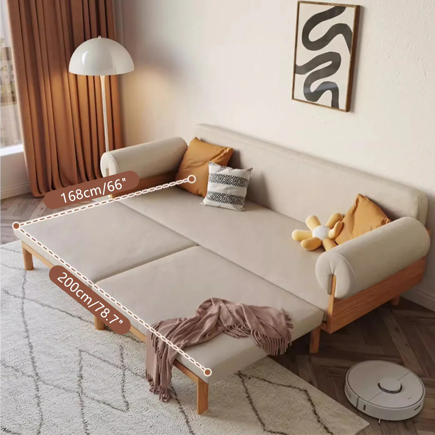 Japandi Solid Wood Recessed Arms Folding Sleeper Sofa Bed - Image 4