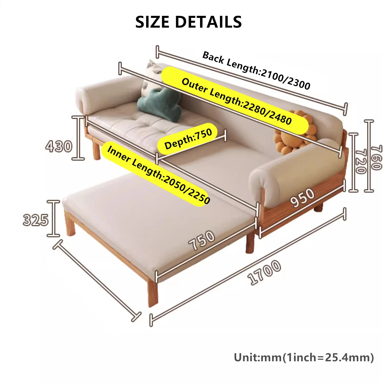 Japandi Solid Wood Recessed Arms Folding Sleeper Sofa Bed - Image 9
