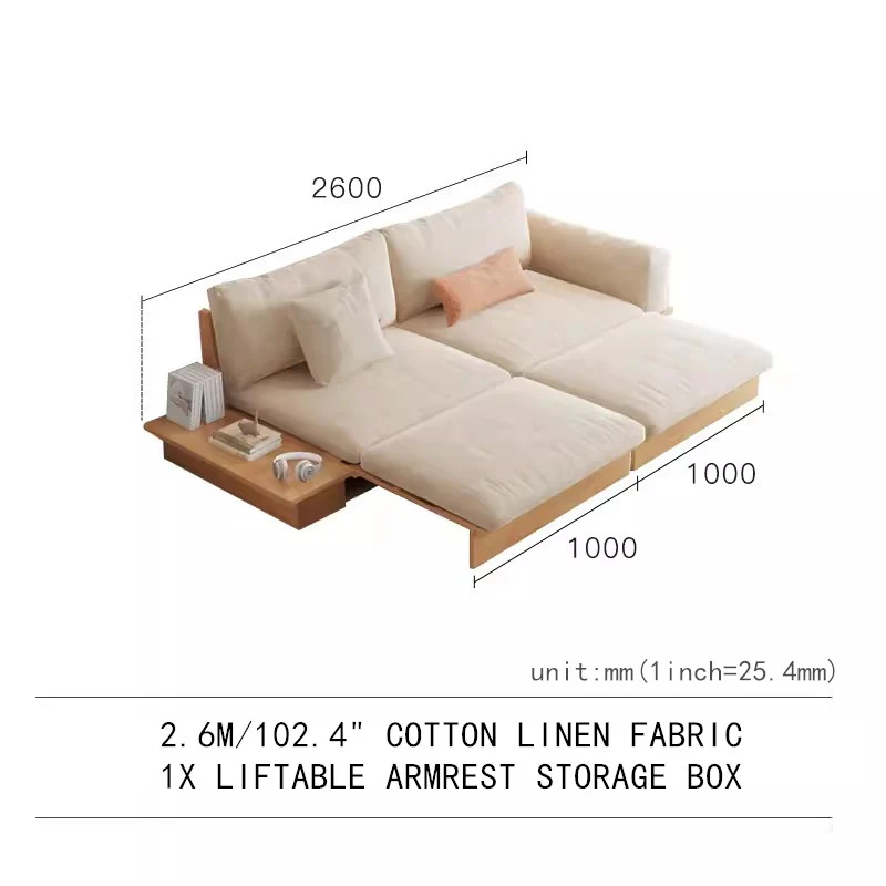 Japandi Solid Wood Sofa Bed with Liftable Armrest Storage Box - Image 10