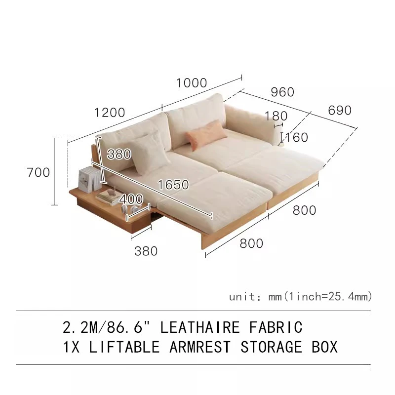 Japandi Solid Wood Sofa Bed with Liftable Armrest Storage Box - Image 11