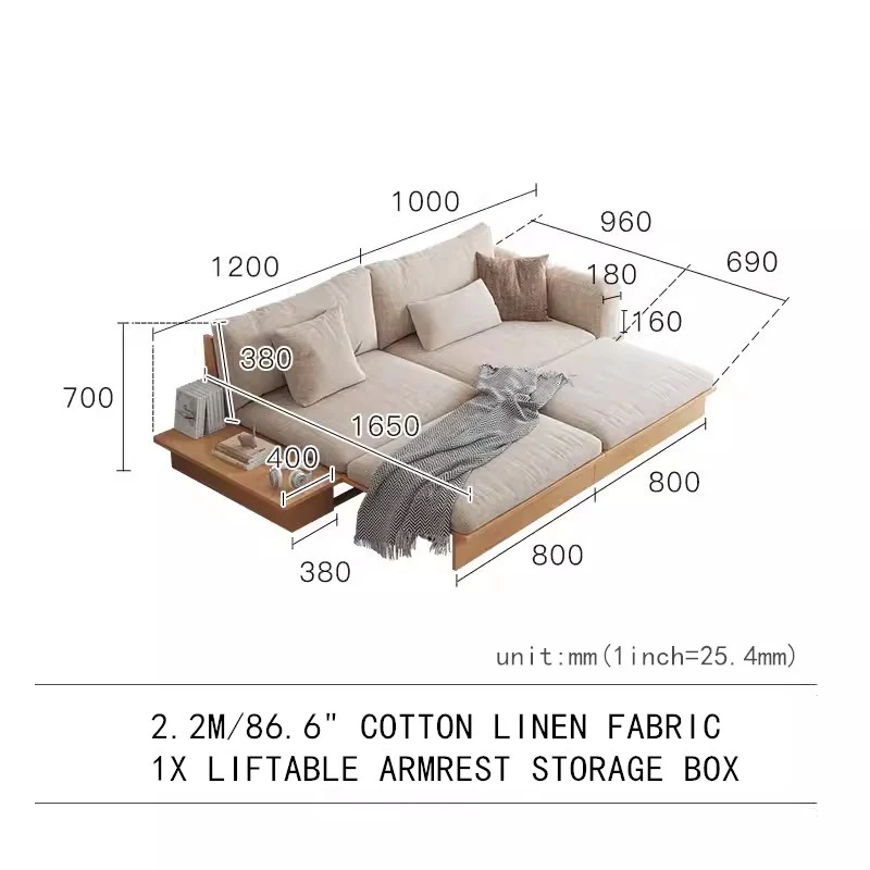 Japandi Solid Wood Sofa Bed with Liftable Armrest Storage Box - Image 12