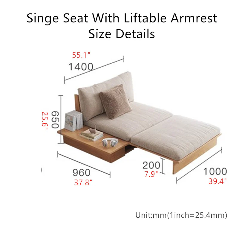 Japandi Solid Wood Sofa Bed with Liftable Armrest Storage Box - Image 14