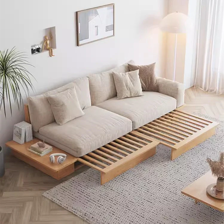 Japandi Solid Wood Sofa Bed with Liftable Armrest Storage Box - Image 3