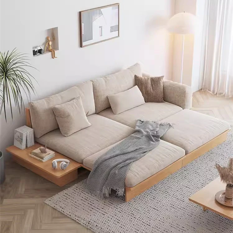 Japandi Solid Wood Sofa Bed with Liftable Armrest Storage Box - Image 4