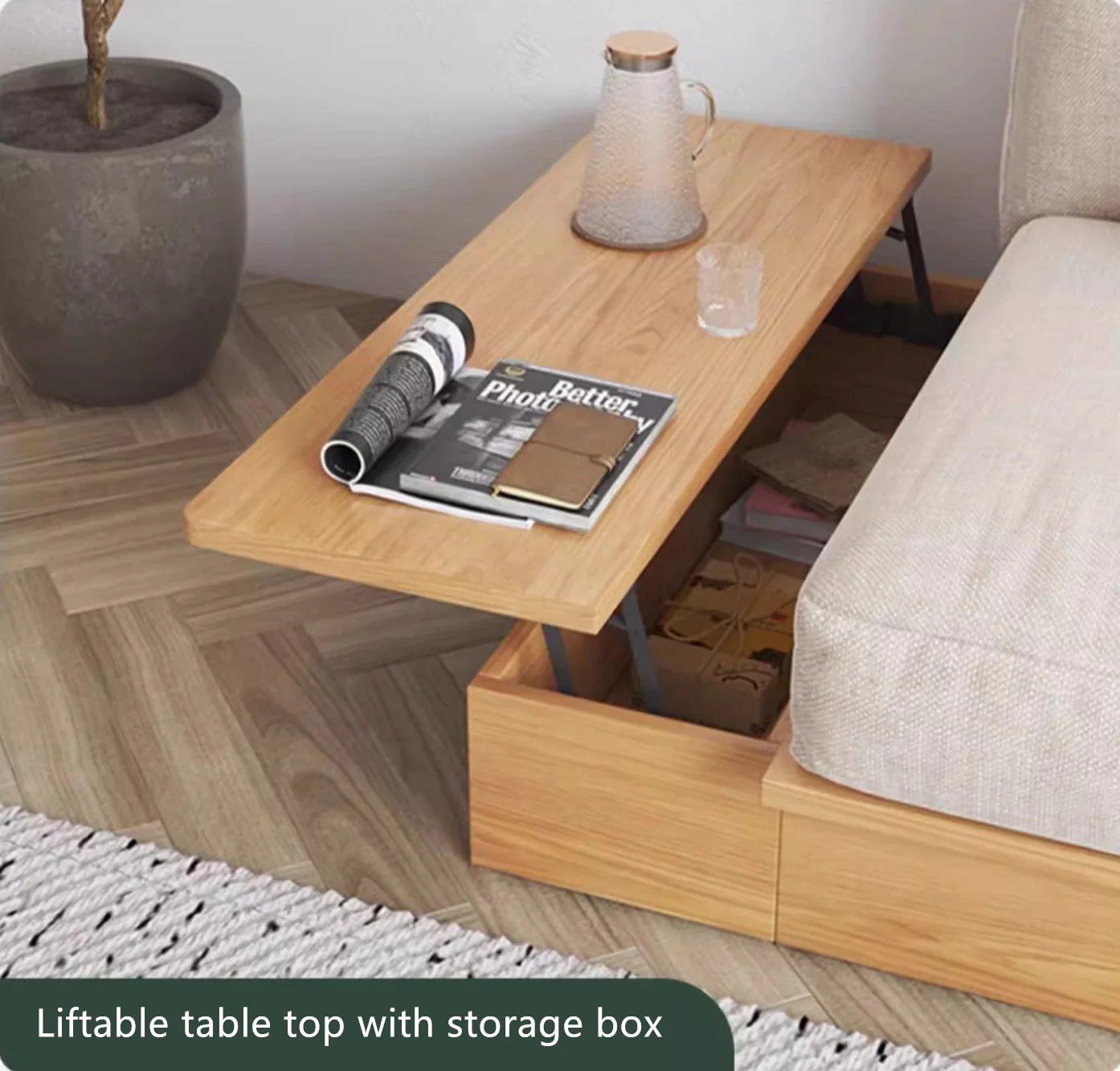 Japandi Solid Wood Sofa Bed with Liftable Armrest Storage Box - Image 5