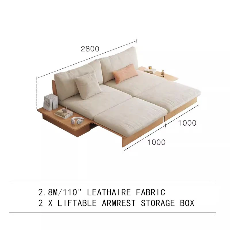 Japandi Solid Wood Sofa Bed with Liftable Armrest Storage Box - Image 7