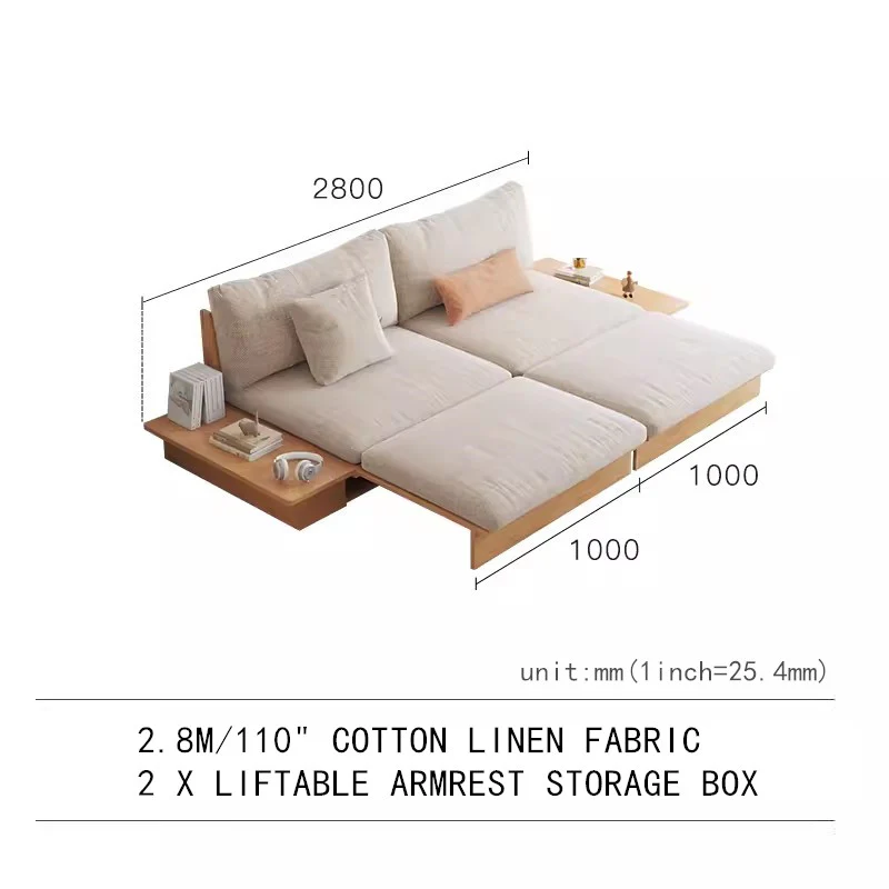 Japandi Solid Wood Sofa Bed with Liftable Armrest Storage Box - Image 8