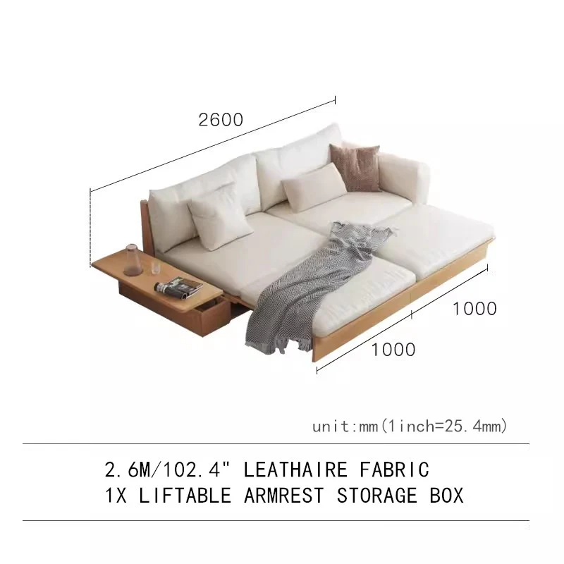 Japandi Solid Wood Sofa Bed with Liftable Armrest Storage Box - Image 9