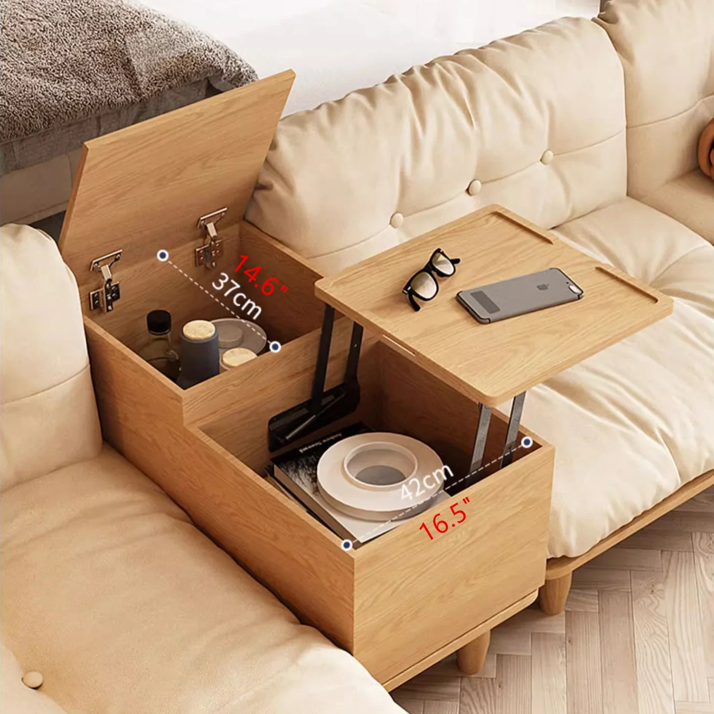 Japandi Solid Wood Sofa With Rotating Armrest Tray and Liftable End Table - Image 10