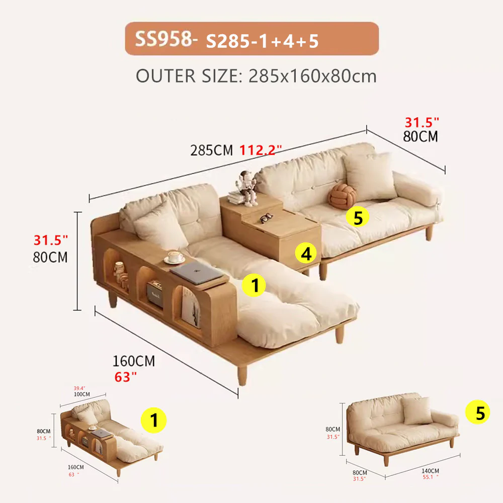 Japandi Solid Wood Sofa With Rotating Armrest Tray and Liftable End Table - Image 13