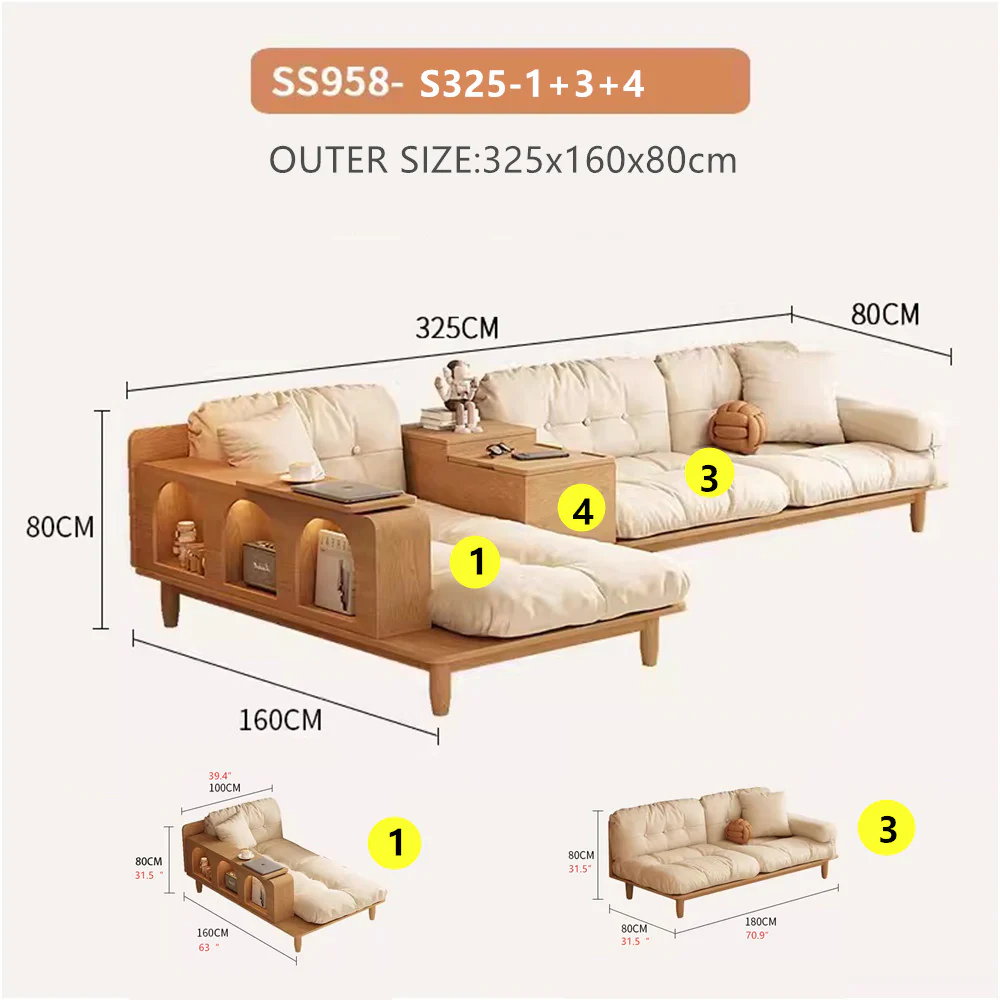 Japandi Solid Wood Sofa With Rotating Armrest Tray and Liftable End Table - Image 14