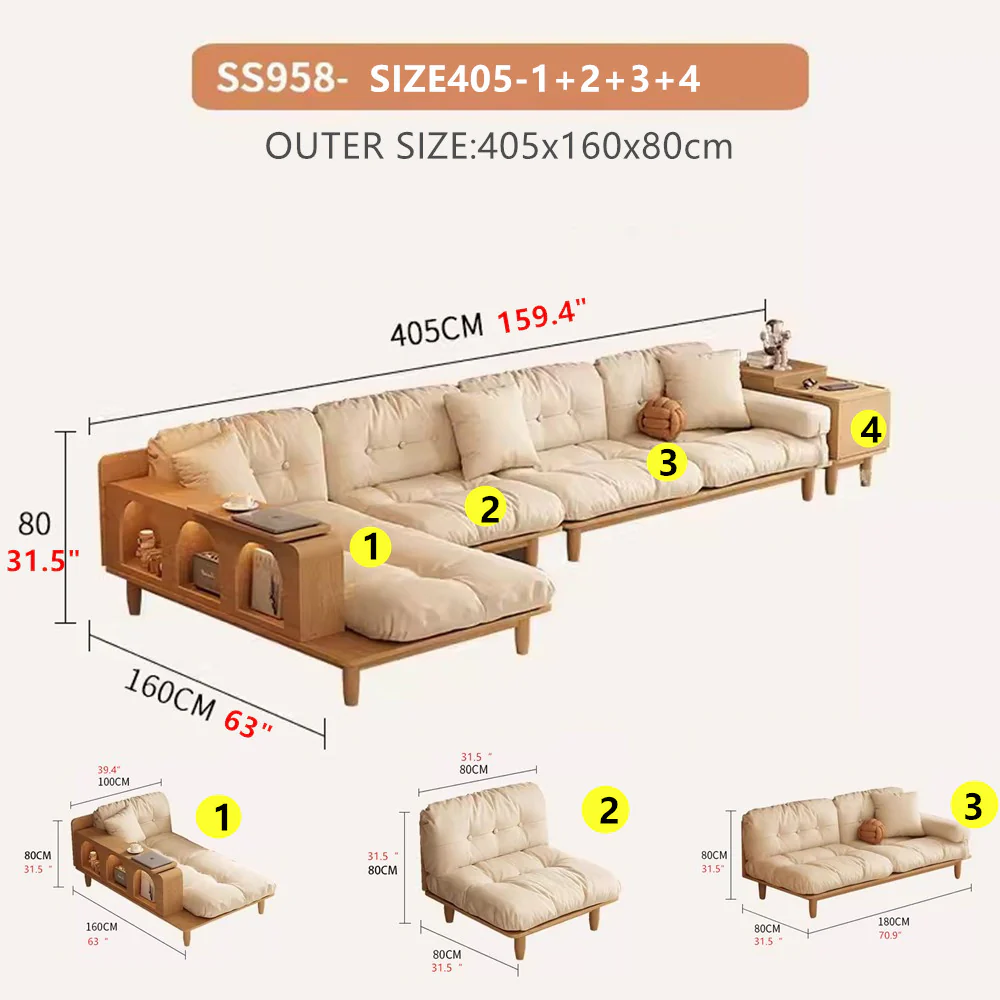 Japandi Solid Wood Sofa With Rotating Armrest Tray and Liftable End Table - Image 16