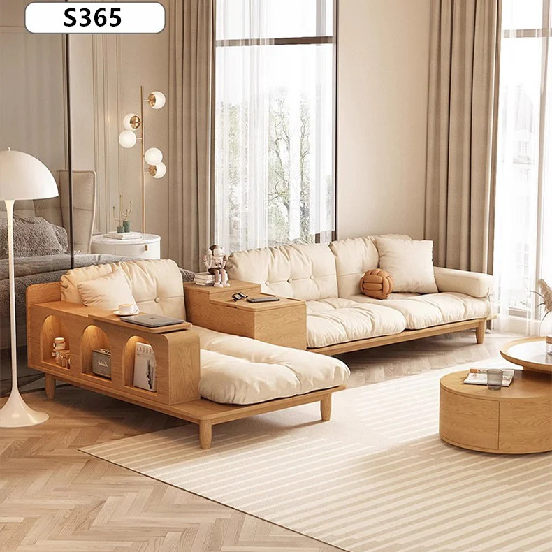 Japandi Solid Wood Sofa With Rotating Armrest Tray and Liftable End Table - Image 2