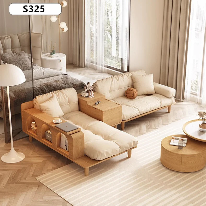 Japandi Solid Wood Sofa With Rotating Armrest Tray and Liftable End Table - Image 3