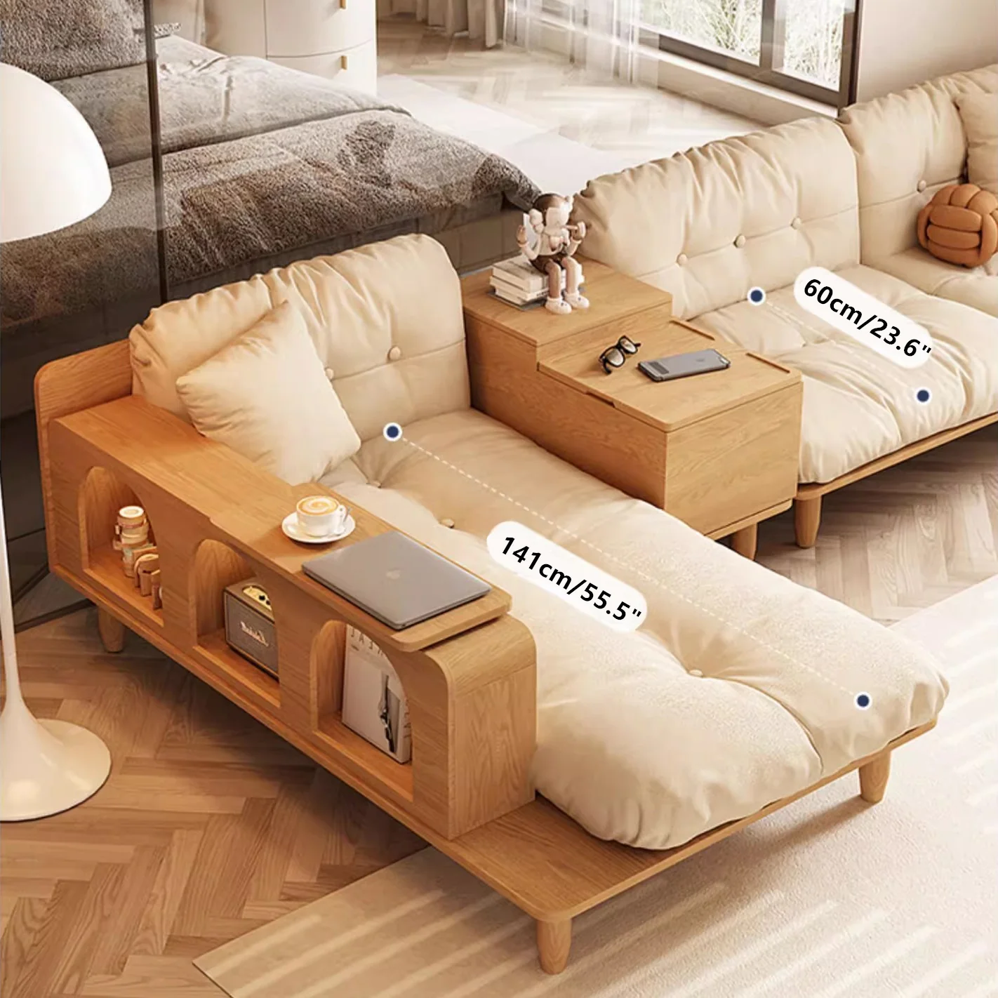 Japandi Solid Wood Sofa With Rotating Armrest Tray and Liftable End Table - Image 4
