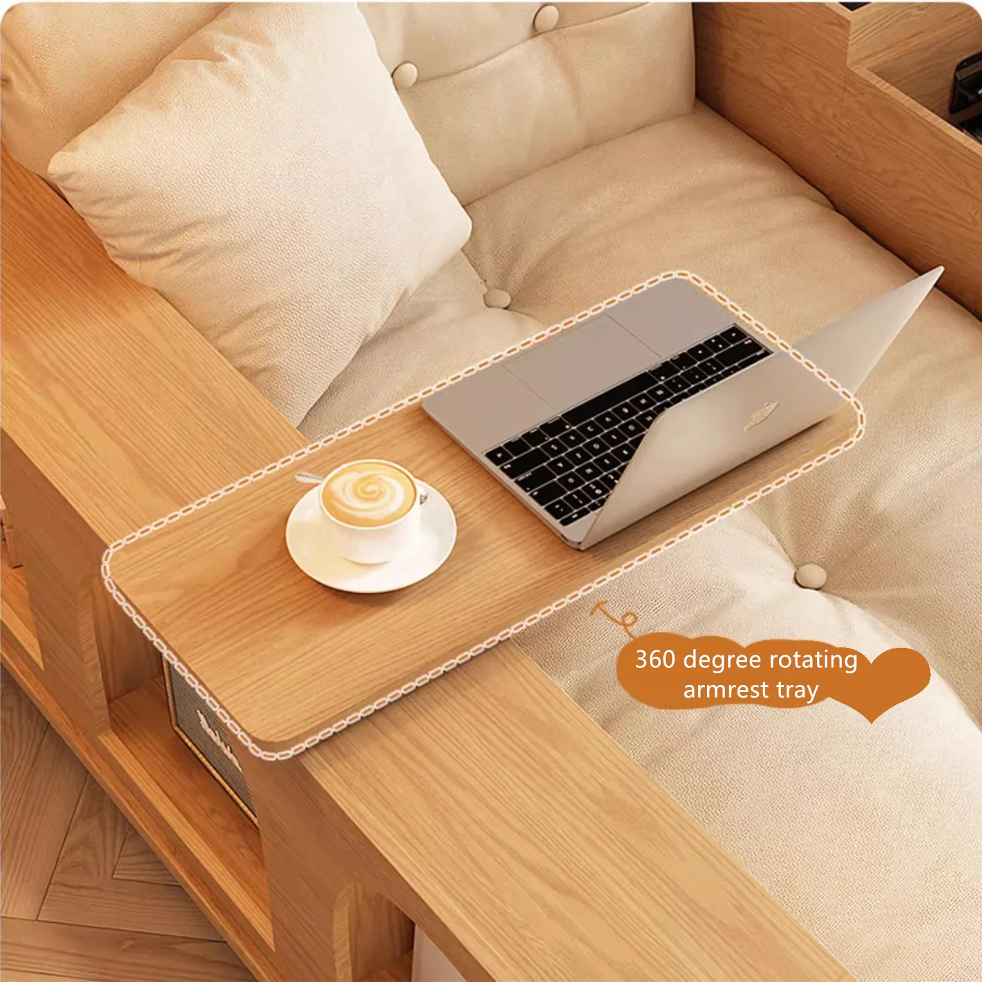 Japandi Solid Wood Sofa With Rotating Armrest Tray and Liftable End Table - Image 5