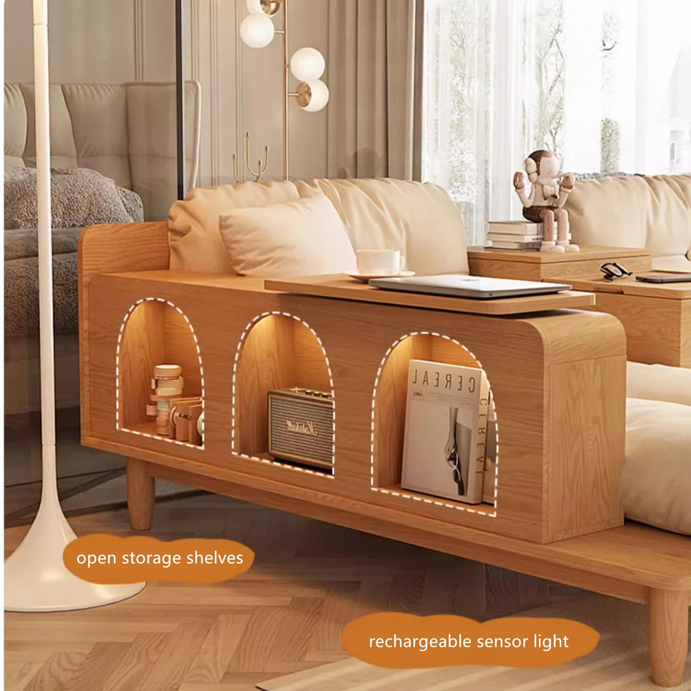 Japandi Solid Wood Sofa With Rotating Armrest Tray and Liftable End Table - Image 6