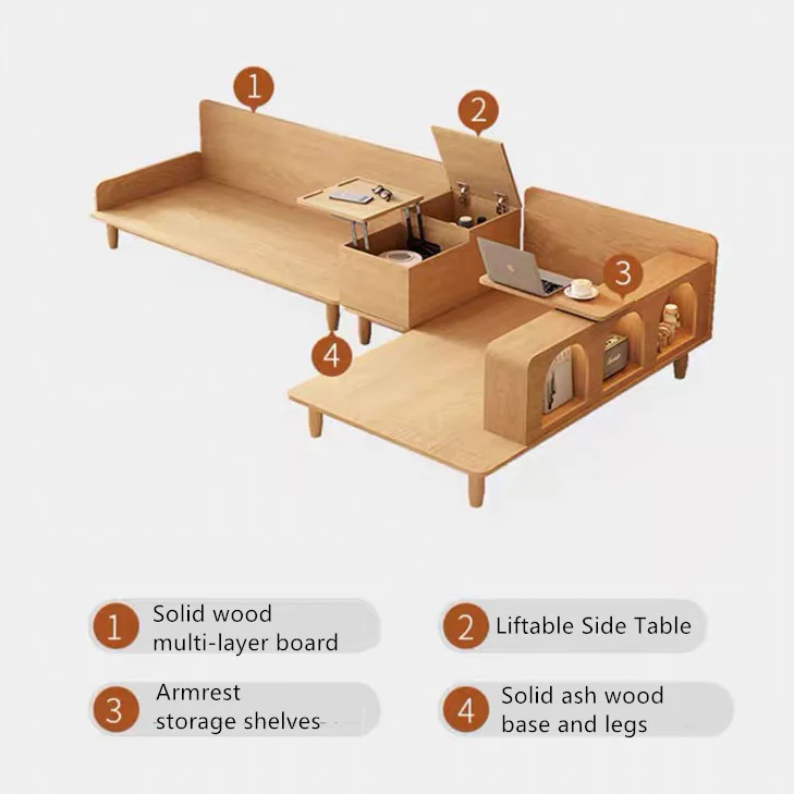 Japandi Solid Wood Sofa With Rotating Armrest Tray and Liftable End Table - Image 9
