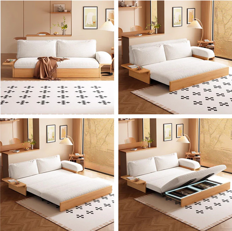 Japandi Teddy Plush Fabric Sofa Bed with Storage