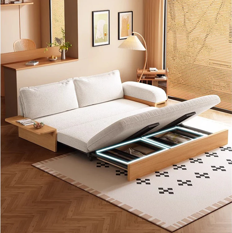 Japandi Teddy Plush Fabric Sofa Bed with Storage - Image 5