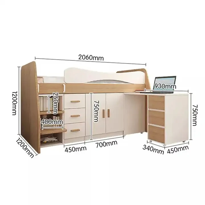 Kids Wood Loft Bed With Small Pull-Out Desk and Wardrobe and Storage Cabinet - Image 11