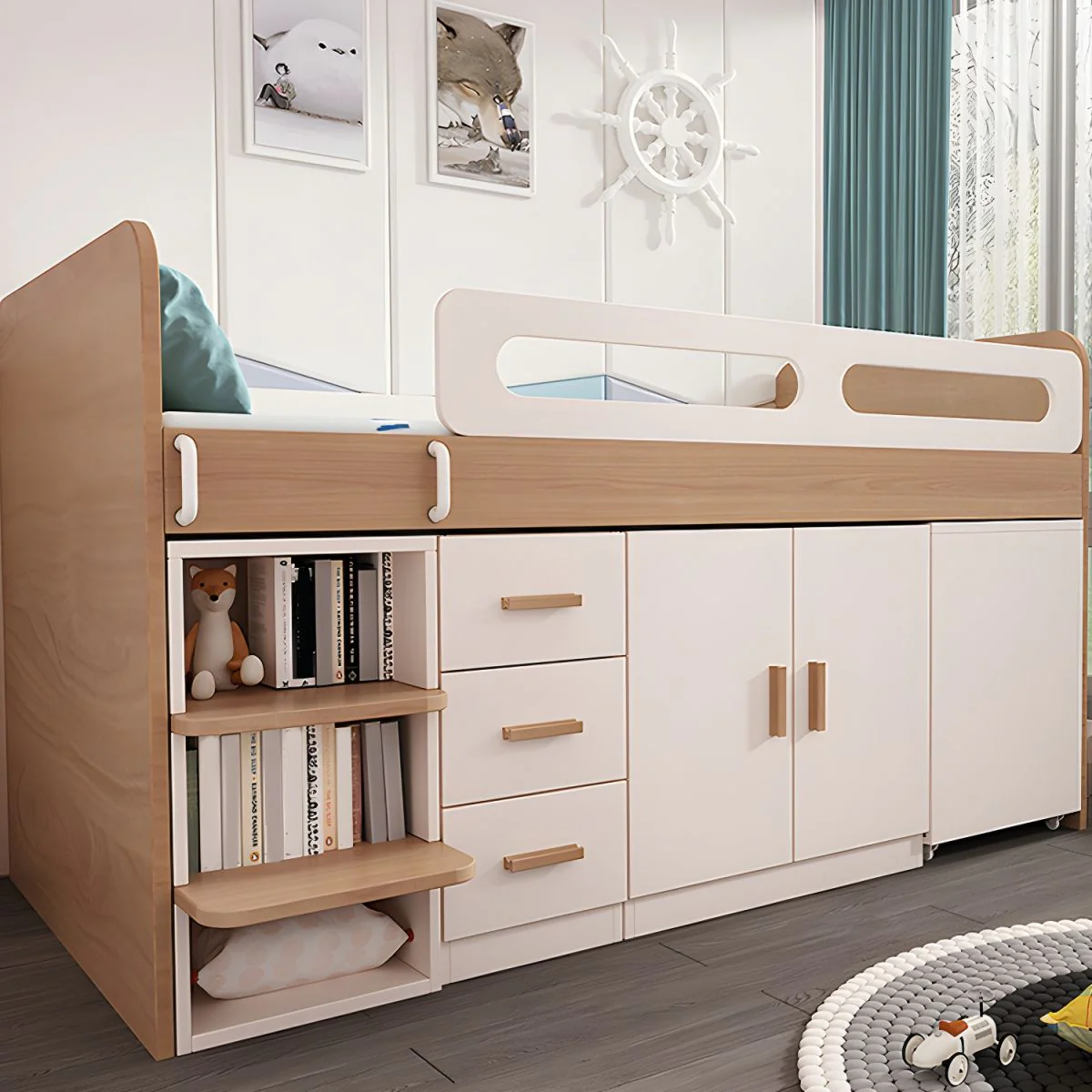 Kids Wood Loft Bed With Small Pull-Out Desk and Wardrobe and Storage Cabinet - Image 3