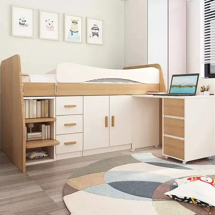 Kids Wood Loft Bed With Small Pull-Out Desk and Wardrobe and Storage Cabinet - Image 4