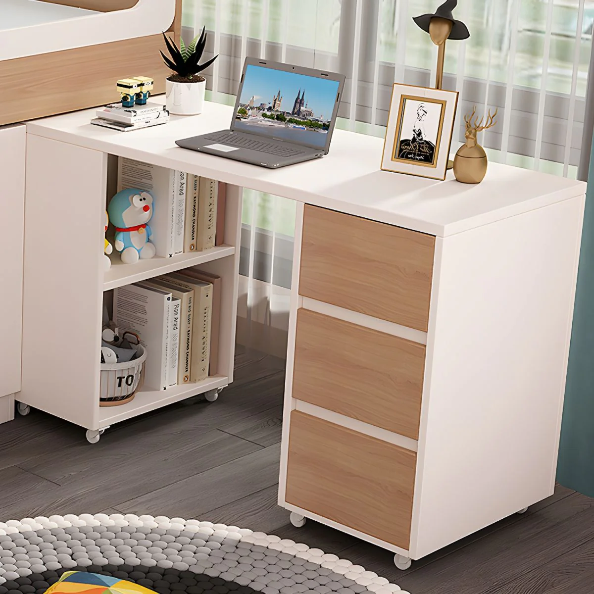 Kids Wood Loft Bed With Small Pull-Out Desk and Wardrobe and Storage Cabinet - Image 5