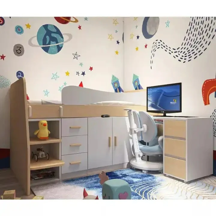 Kids Wood Loft Bed With Small Pull-Out Desk and Wardrobe and Storage Cabinet - Image 6