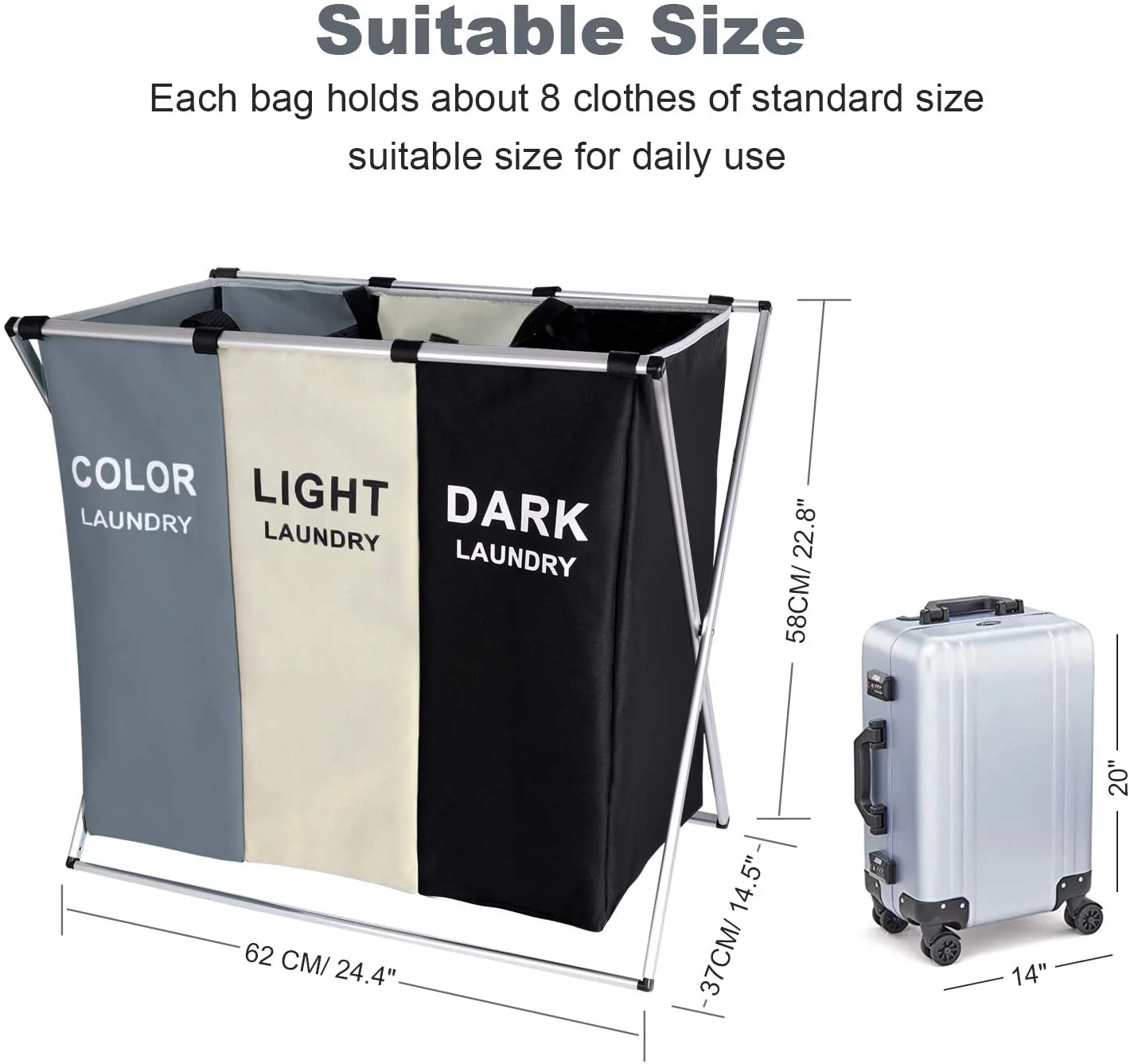 Laundry Cloth Hamper Sorter Basket Bag with Aluminum Frame - Image 3