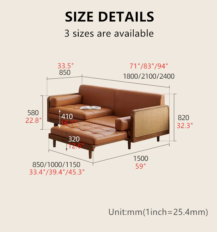 Leathaire Sofa Bed With Rattan Weaving Wooden Frame - Image 15