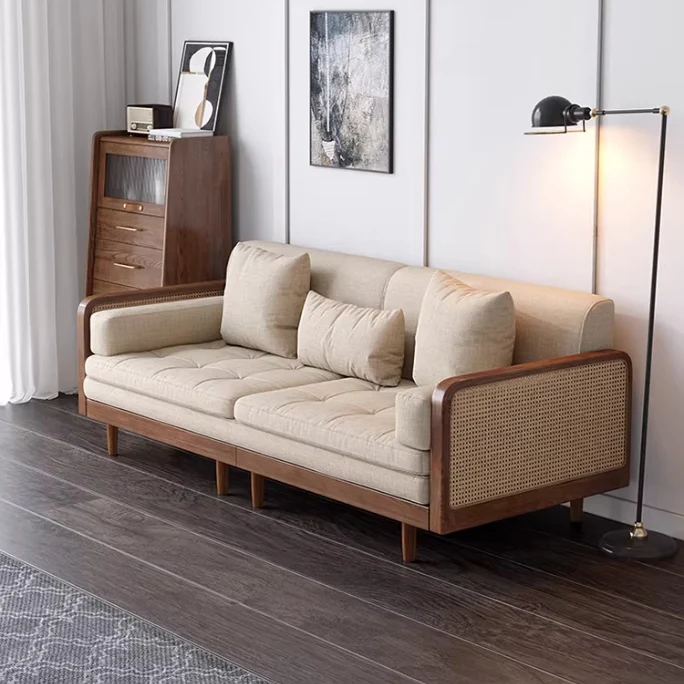 Leathaire Sofa Bed With Rattan Weaving Wooden Frame - Image 16