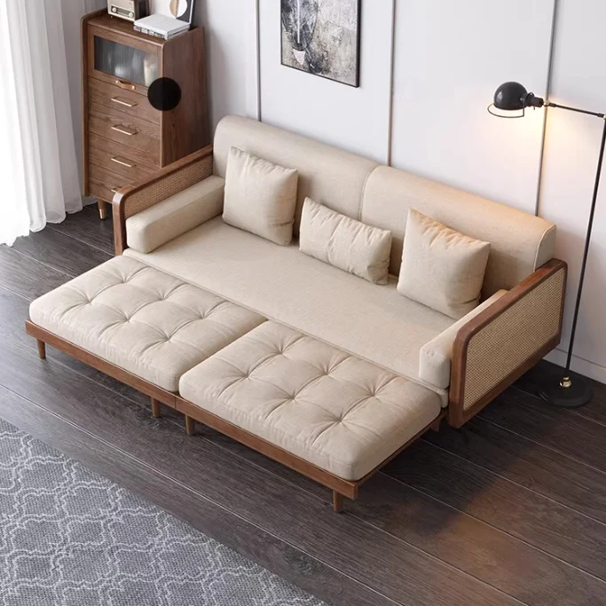Leathaire Sofa Bed With Rattan Weaving Wooden Frame - Image 17