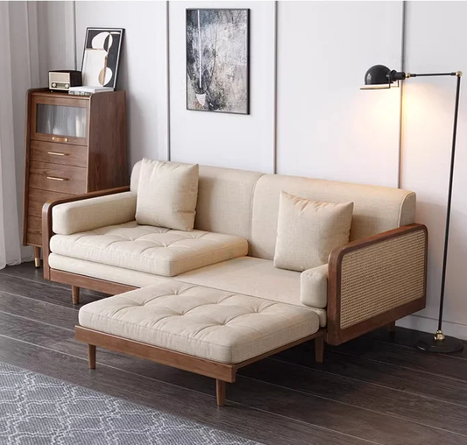 Leathaire Sofa Bed With Rattan Weaving Wooden Frame - Image 18