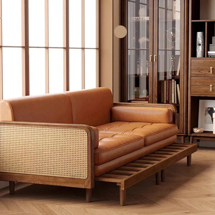 Leathaire Sofa Bed With Rattan Weaving Wooden Frame - Image 2