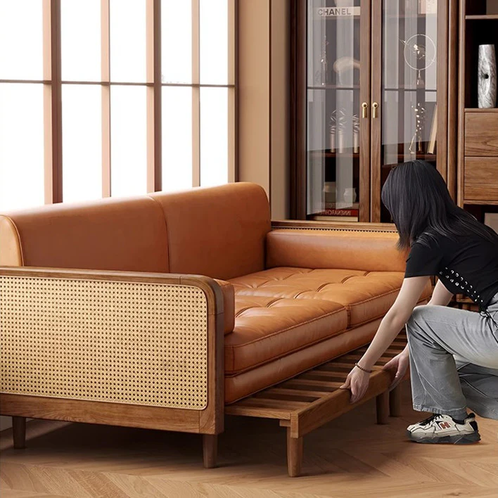 Leathaire Sofa Bed With Rattan Weaving Wooden Frame - Image 3