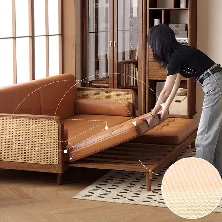 Leathaire Sofa Bed With Rattan Weaving Wooden Frame - Image 4
