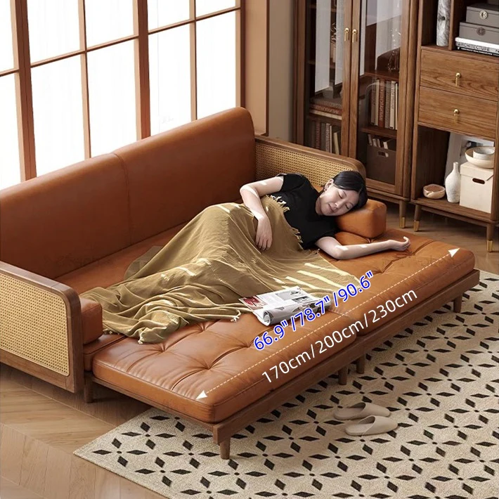 Leathaire Sofa Bed With Rattan Weaving Wooden Frame - Image 5
