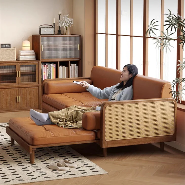 Leathaire Sofa Bed With Rattan Weaving Wooden Frame - Image 7