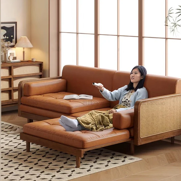Leathaire Sofa Bed With Rattan Weaving Wooden Frame - Image 8
