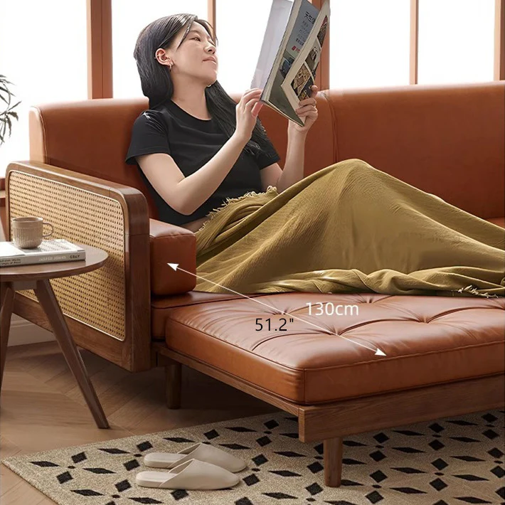 Leathaire Sofa Bed With Rattan Weaving Wooden Frame - Image 9