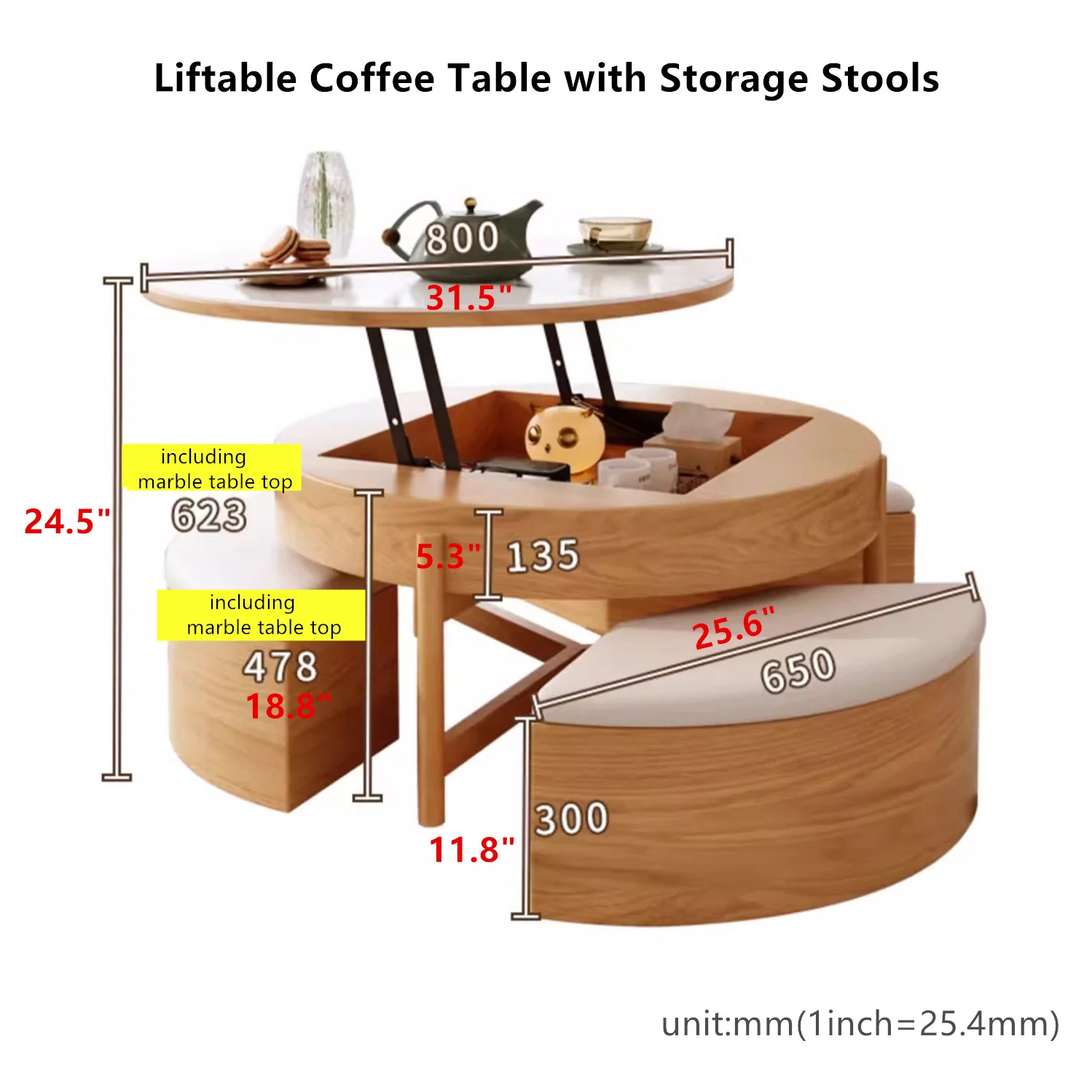 Lift Top Round Coffee Table with Storage and Ottomans - Image 11