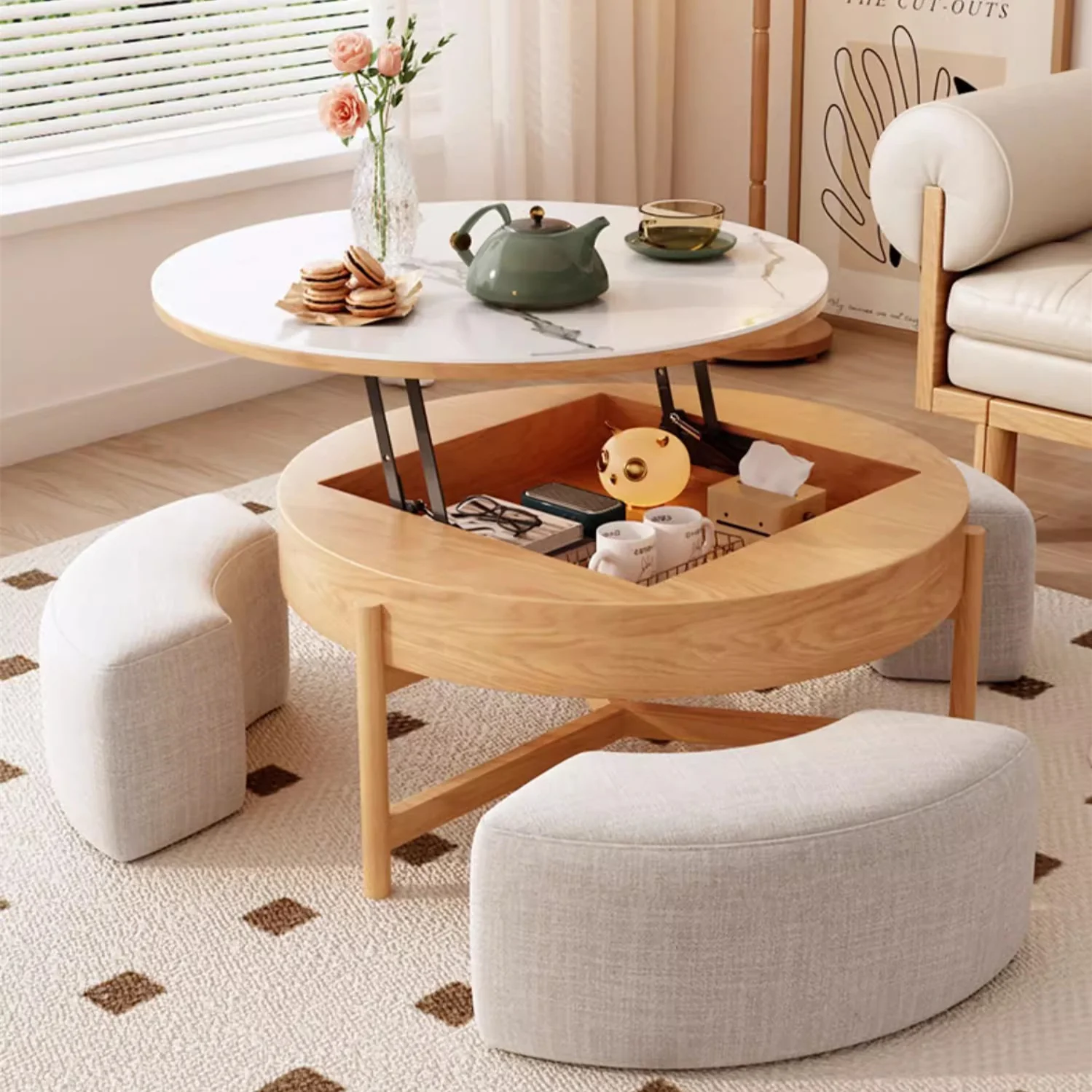 Lift Top Round Coffee Table with Storage and Ottomans - Image 2
