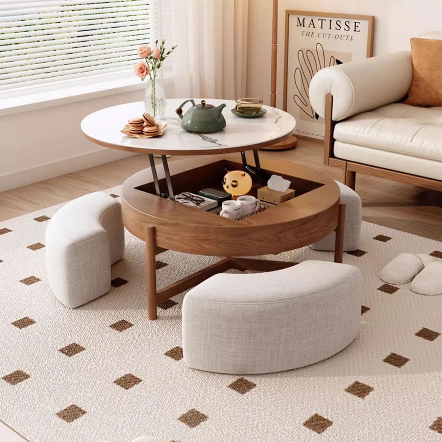 Lift Top Round Coffee Table with Storage and Ottomans - Image 3