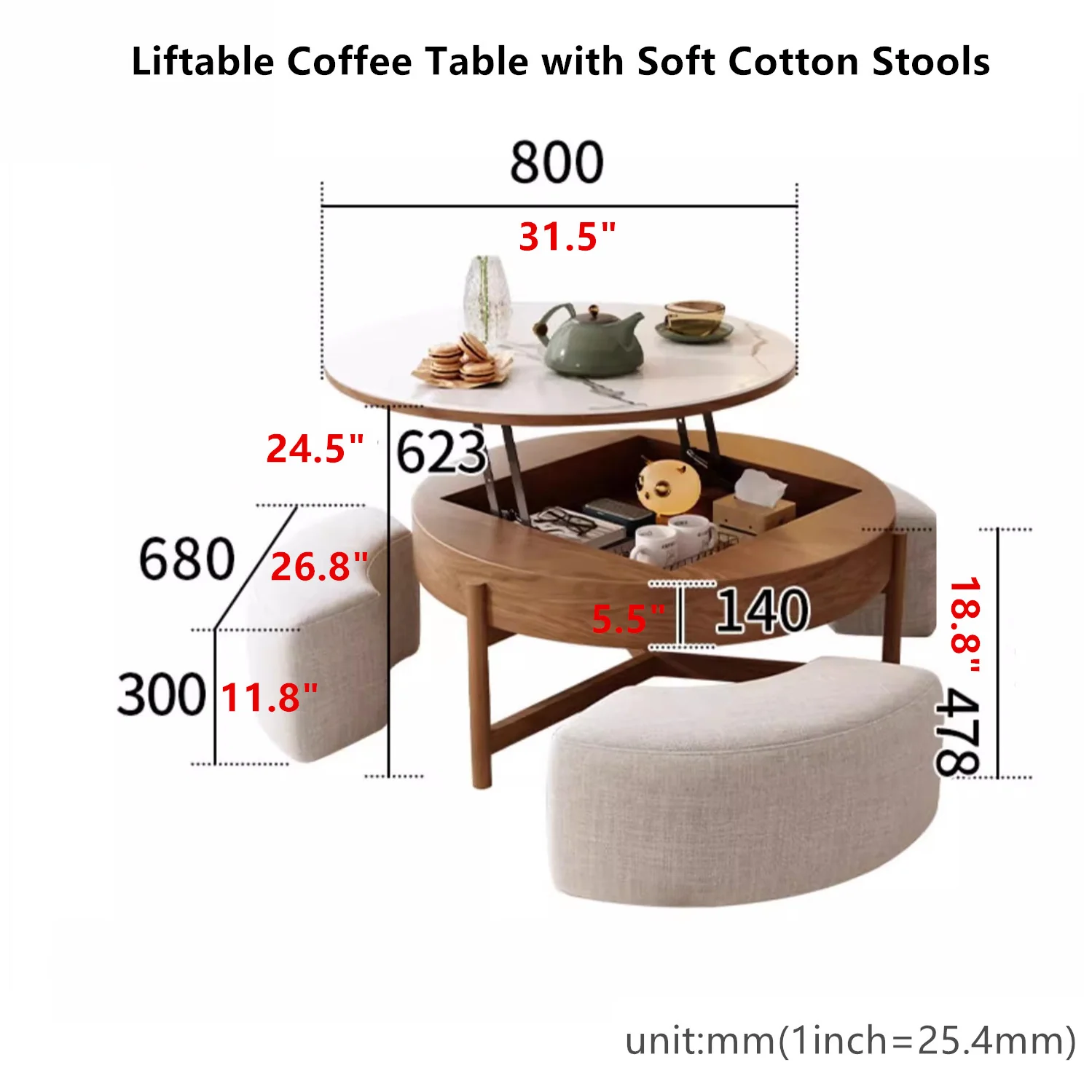 Lift Top Round Coffee Table with Storage and Ottomans - Image 4
