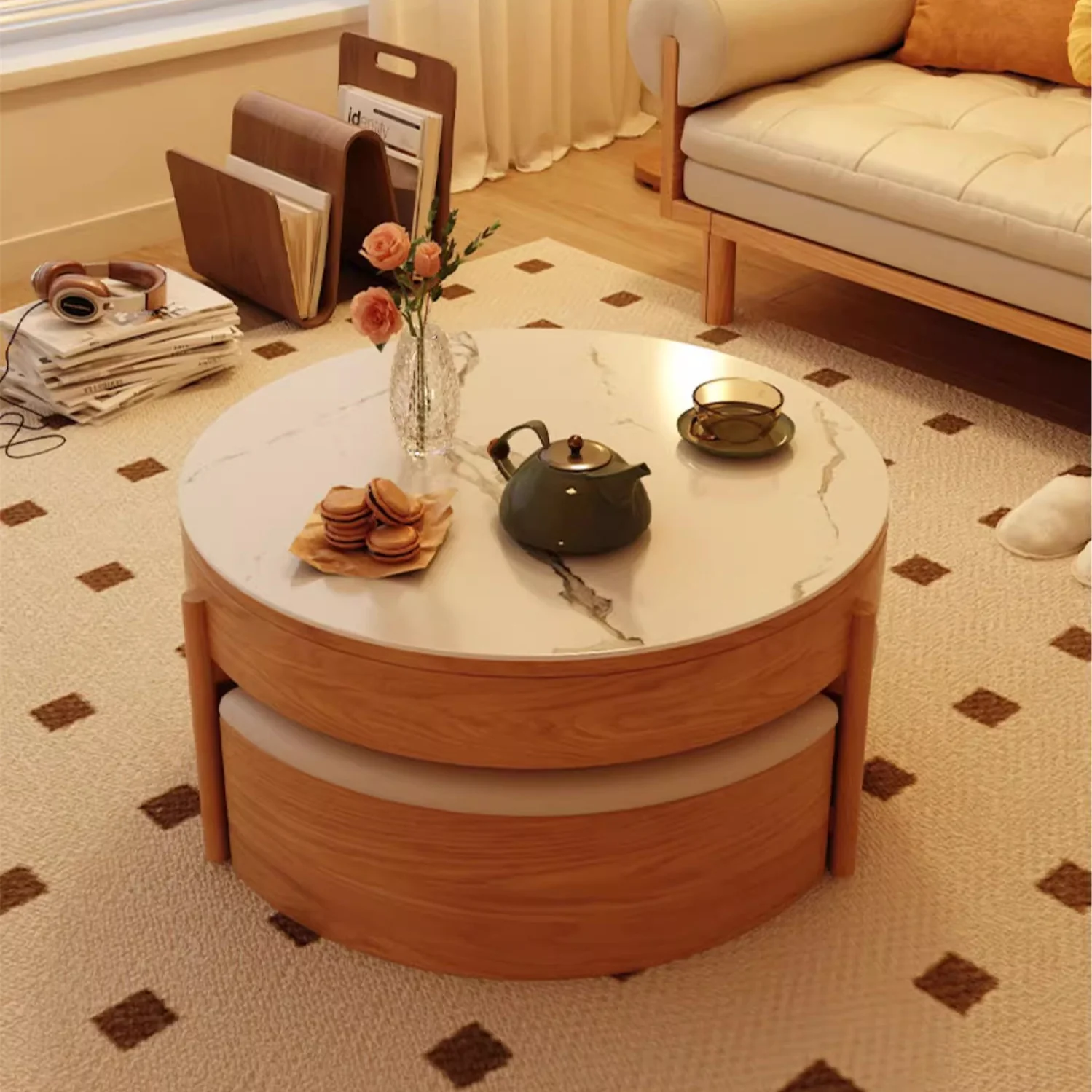 Lift Top Round Coffee Table with Storage and Ottomans - Image 5