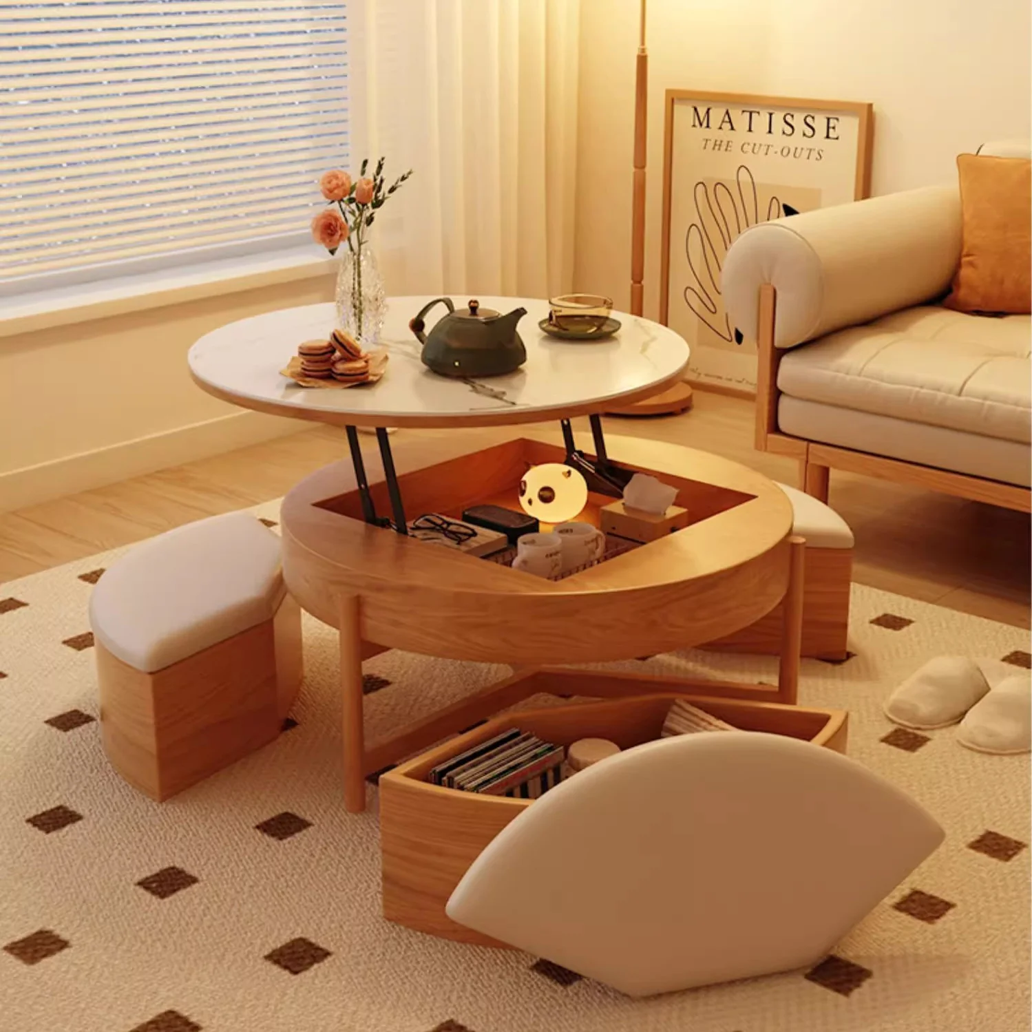 Lift Top Round Coffee Table with Storage and Ottomans - Image 6