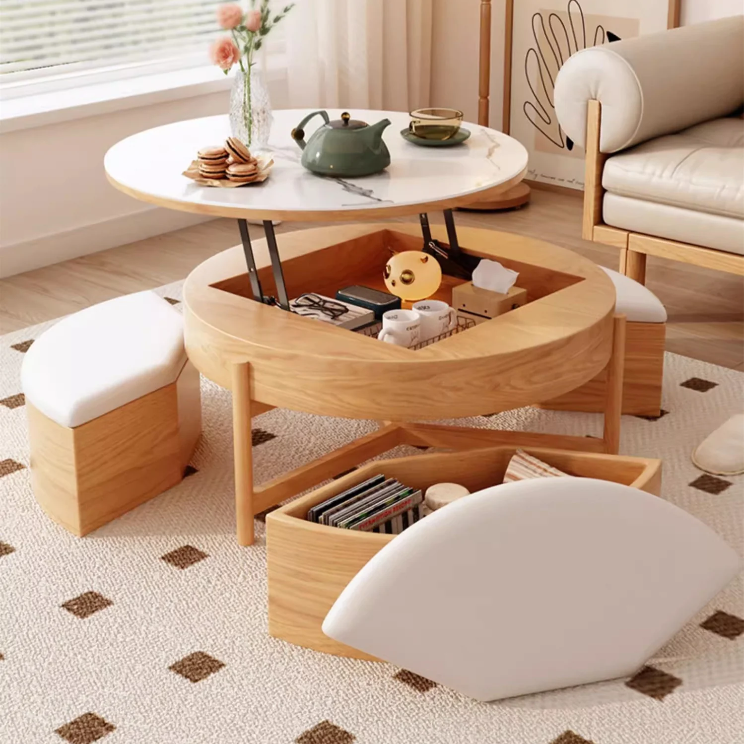 Lift Top Round Coffee Table with Storage and Ottomans - Image 7