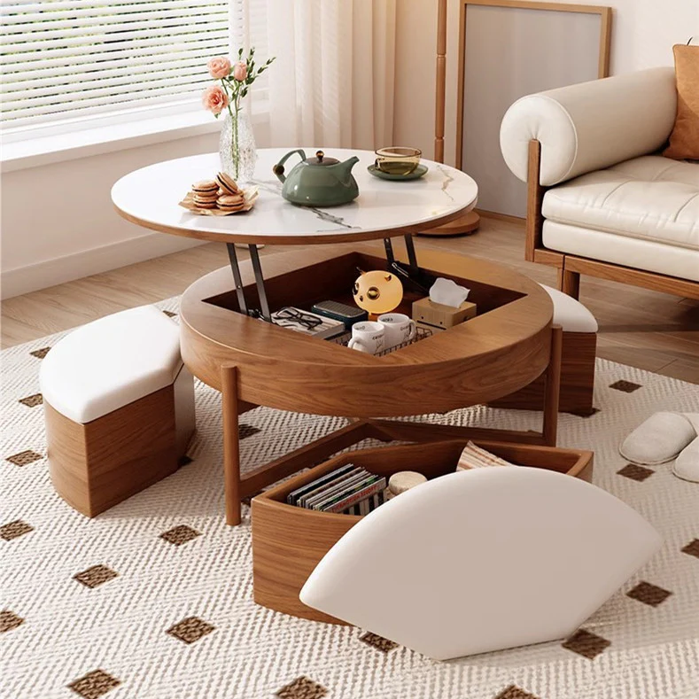 Lift Top Round Coffee Table with Storage and Ottomans - Image 8