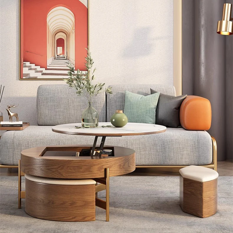 Lift Top Round Coffee Table with Storage and Ottomans - Image 9
